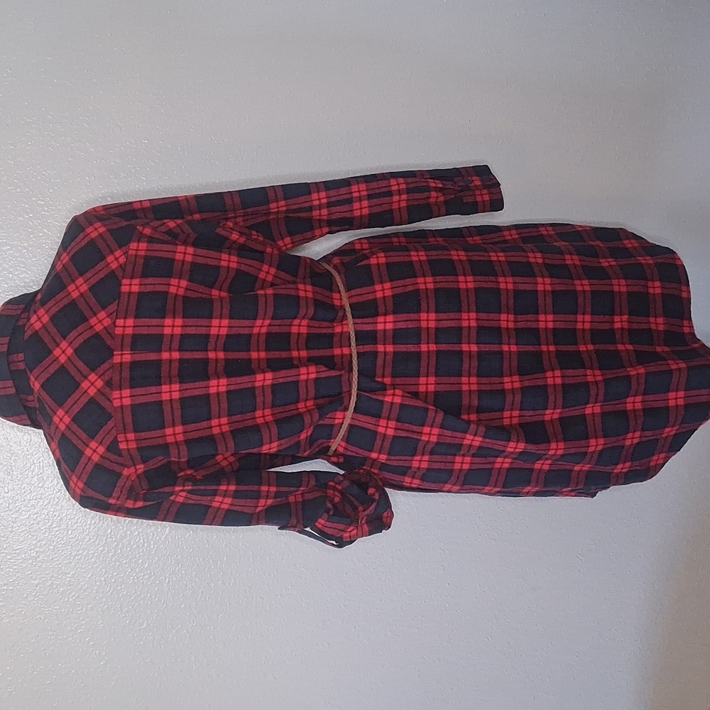 Jade Red Black Navy Plaid Flannel Dress Button Front Roll Tab Sleeve Small - Picture 2 of 14